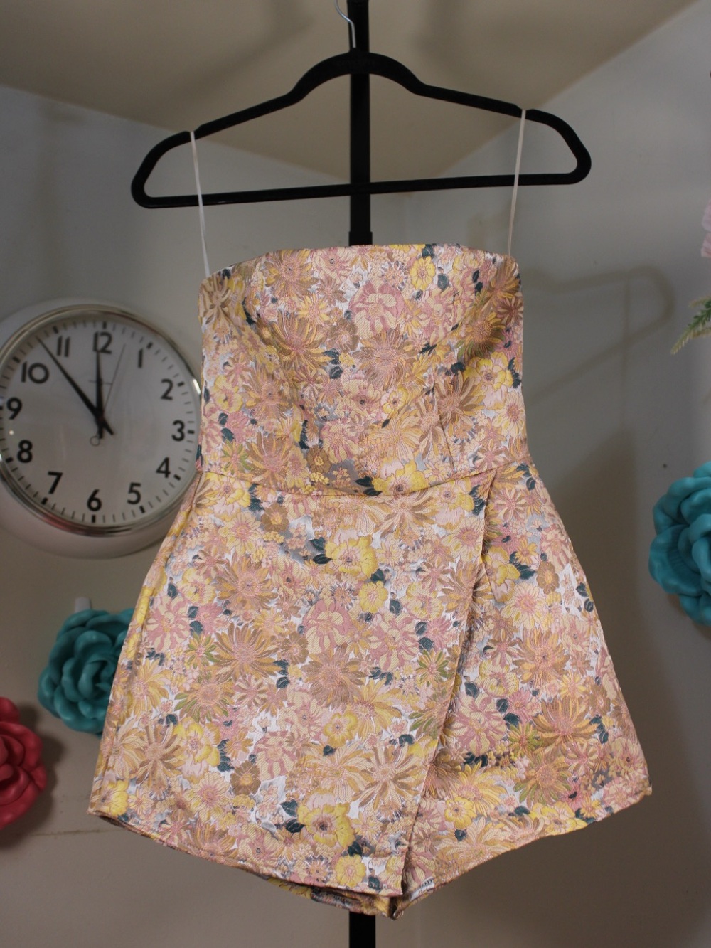 Floral Strapless Romper in Blush and Yellow